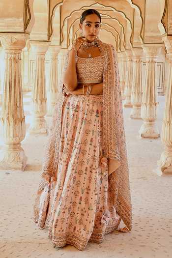 Karaj Jaipur_Peach Cotton, Organza, Muslin Embroidery Fiza Printed And Lehenga Set _at_Aza_Fashions