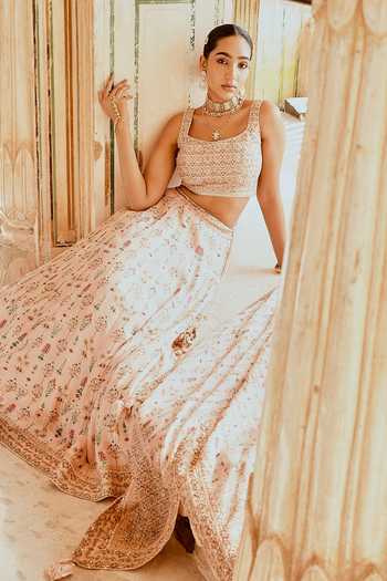 Buy_Karaj Jaipur_Peach Cotton, Organza, Muslin Embroidery Fiza Printed And Lehenga Set 