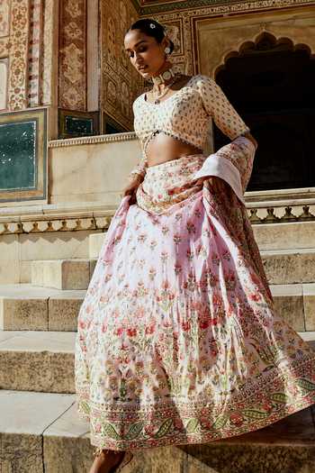 Buy_Karaj Jaipur_Pink Cotton, Organza, Muslin Gota Patti Round Neck Printed And Lehenga Set _Online_at_Aza_Fashions