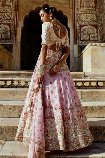 Shop_Karaj Jaipur_Pink Cotton, Organza, Muslin Gota Patti Round Neck Printed And Lehenga Set _Online_at_Aza_Fashions