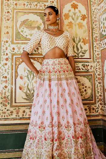 Buy_Karaj Jaipur_Pink Cotton, Organza, Muslin Gota Patti Round Neck Printed And Lehenga Set 