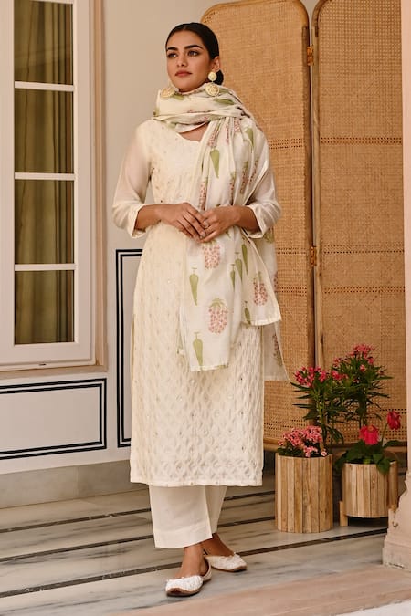 Shop Karaj Jaipur Cream Chanderi, Cotton Embroidery Thread Kurta Set Online at Aza Fashions Shop_Karaj Jaipur_Cream Chanderi, Cotton Embroidery Thread Kurta Set_Online_at_Aza_Fashions
