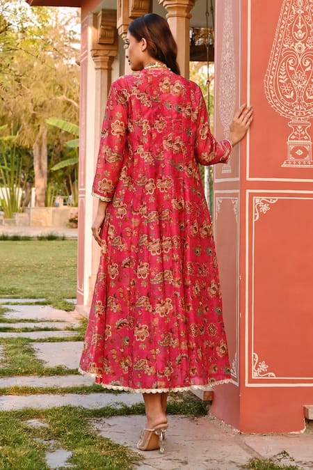 Karaj Jaipur Crimson Pink Jacket With Chanderi Dress 