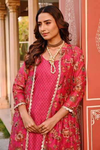 Karaj Jaipur_Pink Cotton, Chanderi Embroidery Round Neck Crimson Jacket With Dress _Online_at_Aza_Fashions