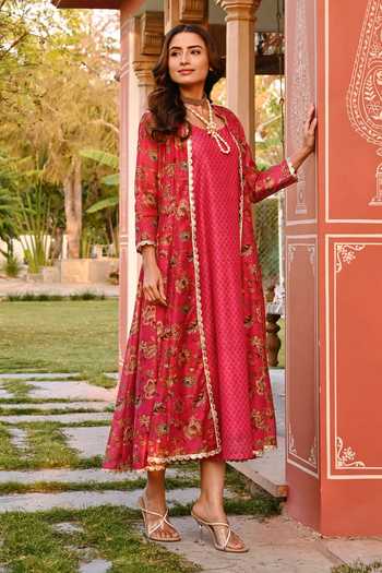 Shop_Karaj Jaipur_Pink Cotton, Chanderi Embroidery Round Neck Crimson Jacket With Dress _Online_at_Aza_Fashions