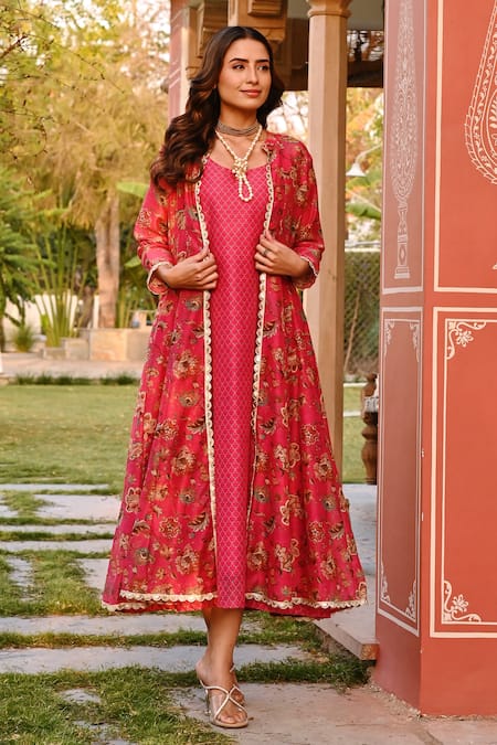 Karaj Jaipur Crimson Pink Jacket With Chanderi Dress 