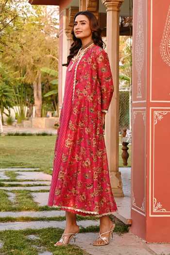 Karaj Jaipur_Pink Cotton, Chanderi Embroidery Round Neck Crimson Jacket With Dress _at_Aza_Fashions