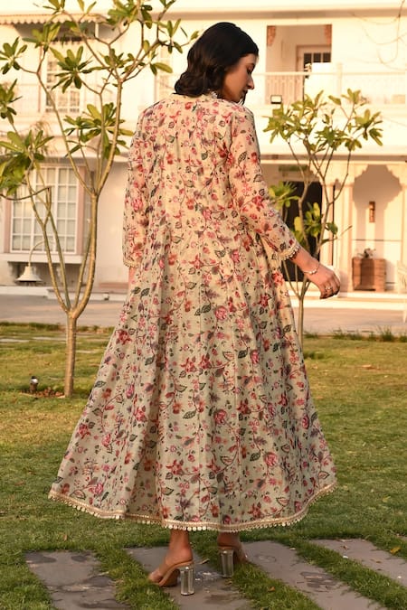 Karaj Jaipur Printed Pista Green Chanderi Dress & Jacket Set 