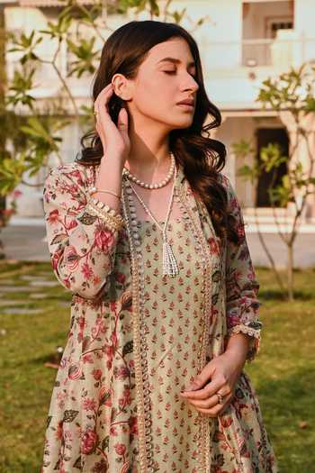 Buy_Karaj Jaipur_Green Cotton, Chanderi Embroidery V-neck Printed Pista Dress And Jacket Set _Online_at_Aza_Fashions