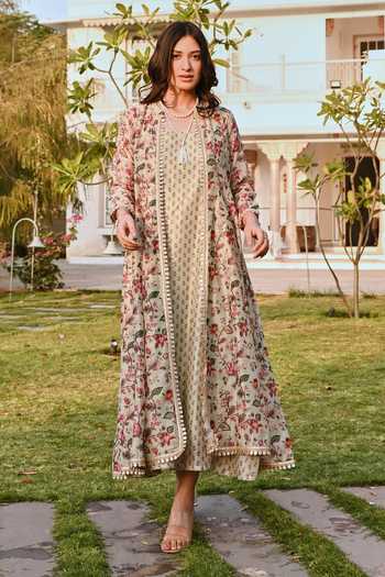 Shop_Karaj Jaipur_Green Cotton, Chanderi Embroidery V-neck Printed Pista Dress And Jacket Set _Online_at_Aza_Fashions
