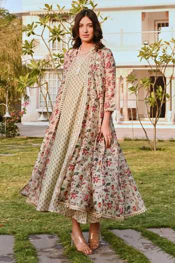 Karaj Jaipur_Green Cotton, Chanderi Embroidery V-neck Printed Pista Dress And Jacket Set _at_Aza_Fashions