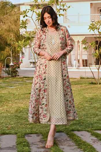 Buy_Karaj Jaipur_Green Cotton, Chanderi Embroidery V-neck Printed Pista Dress And Jacket Set 
