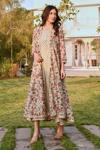 Shop_Karaj Jaipur_Green Cotton, Chanderi Embroidery V-neck Printed Pista Dress And Jacket Set 