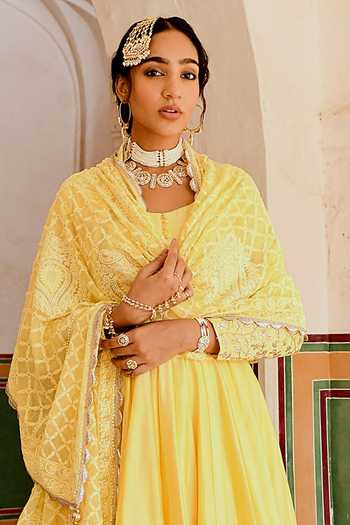 Karaj Jaipur_Yellow Chanderi, Cotton, Crepe, Inaayat Anarkali With Flared Skirt Set _Online_at_Aza_Fashions