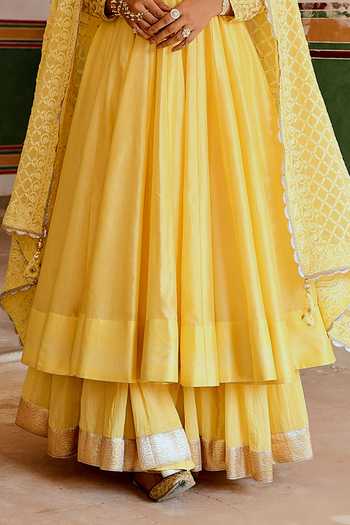 Buy_Karaj Jaipur_Yellow Chanderi, Cotton, Crepe, Inaayat Anarkali With Flared Skirt Set _Online_at_Aza_Fashions