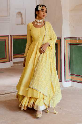 Shop_Karaj Jaipur_Yellow Chanderi, Cotton, Crepe, Inaayat Anarkali With Flared Skirt Set _Online_at_Aza_Fashions