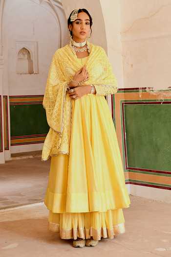 Karaj Jaipur_Yellow Chanderi, Cotton, Crepe, Inaayat Anarkali With Flared Skirt Set _at_Aza_Fashions