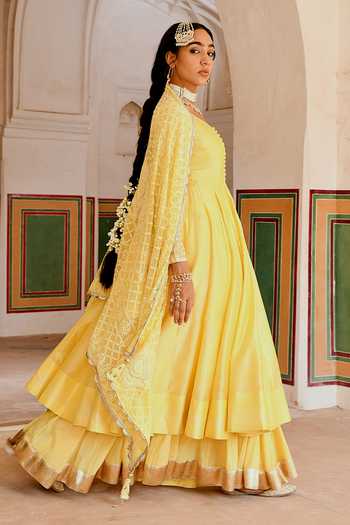 Buy_Karaj Jaipur_Yellow Chanderi, Cotton, Crepe, Inaayat Anarkali With Flared Skirt Set 