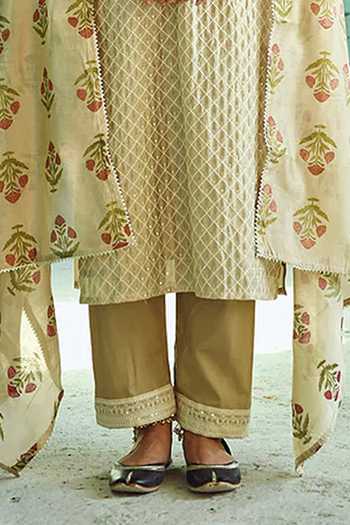 Karaj Jaipur Beige Cotton, Chanderi Embroidery Round Neck Thread Kurta Set Online at Aza Fashions Karaj Jaipur_Beige Cotton, Chanderi Embroidery Round Neck Thread Kurta Set _Online_at_Aza_Fashions