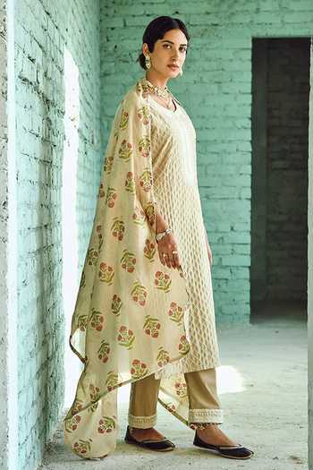 Shop Karaj Jaipur Beige Cotton, Chanderi Embroidery Round Neck Thread Kurta Set at Aza Fashions Shop_Karaj Jaipur_Beige Cotton, Chanderi Embroidery Round Neck Thread Kurta Set _at_Aza_Fashions