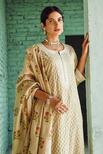 Buy Karaj Jaipur Beige Cotton, Chanderi Embroidery Round Neck Thread Kurta Set Online at Aza Fashions Buy_Karaj Jaipur_Beige Cotton, Chanderi Embroidery Round Neck Thread Kurta Set _Online_at_Aza_Fashions