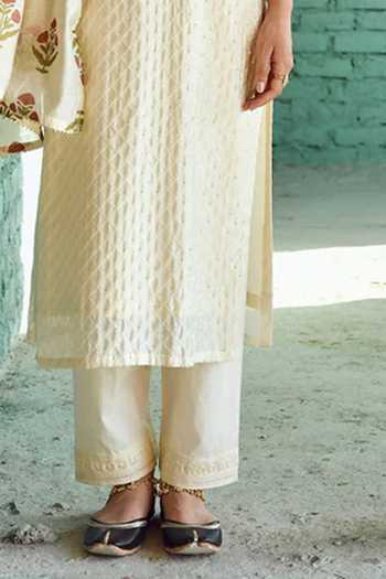 Karaj Jaipur_Cream Cotton, Chanderi Embroidery Split V-neck Thread Kurta Set _Online_at_Aza_Fashions