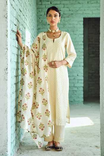 Buy_Karaj Jaipur_Cream Cotton, Chanderi Embroidery Split V-neck Thread Kurta Set _Online_at_Aza_Fashions