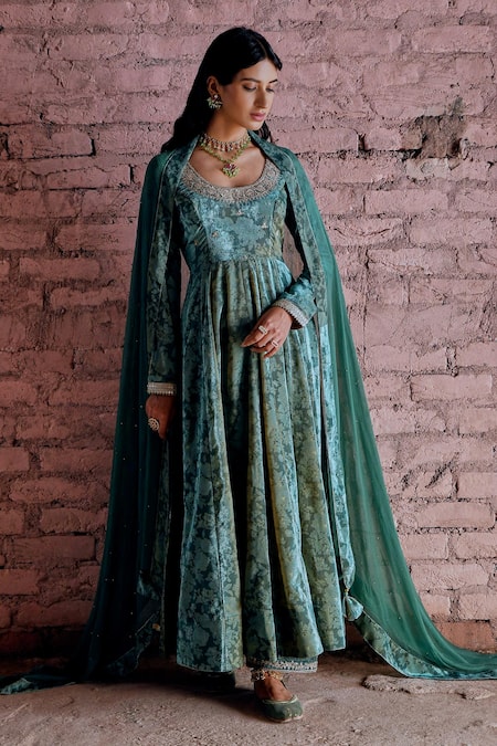 Karaj Jaipur Castleton Green Makhmal Anarkali Set 