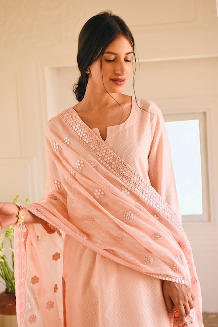 Karaj Jaipur_Pink Cotton, Kota Doria Embroidery Split V-neck Light Kurta Set_Online_at_Aza_Fashions