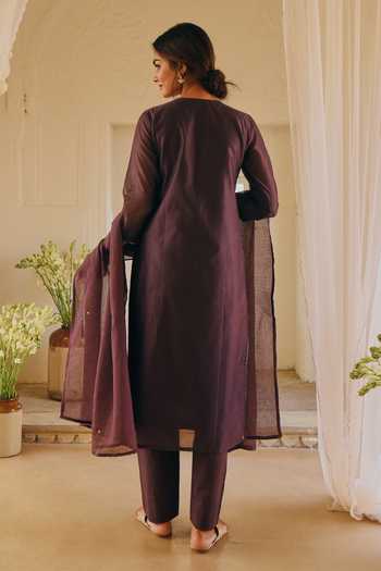 Shop Karaj Jaipur Purple Chanderi, Kota Doria, Cotton Embroidery, Sequins Split V-neck, Kurta Set at Aza Fashions Shop_Karaj Jaipur_Purple Chanderi, Kota Doria, Cotton Embroidery, Sequins Split V-neck, Kurta Set _at_Aza_Fashions