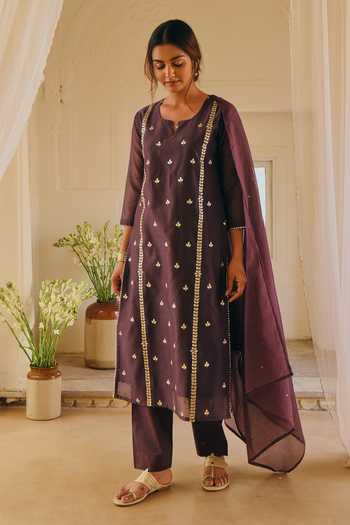 Buy Karaj Jaipur Purple Chanderi, Kota Doria, Cotton Embroidery, Sequins Split V-neck, Kurta Set Online at Aza Fashions Buy_Karaj Jaipur_Purple Chanderi, Kota Doria, Cotton Embroidery, Sequins Split V-neck, Kurta Set _Online_at_Aza_Fashions