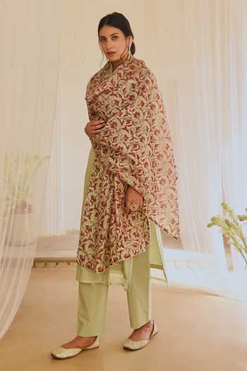 Shop_Karaj Jaipur_Green Cotton, Chanderi Embroidery V-neck Kurta Set With Dupatta _Online_at_Aza_Fashions