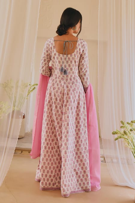 Karaj Jaipur White Block Print Anarkali Set 