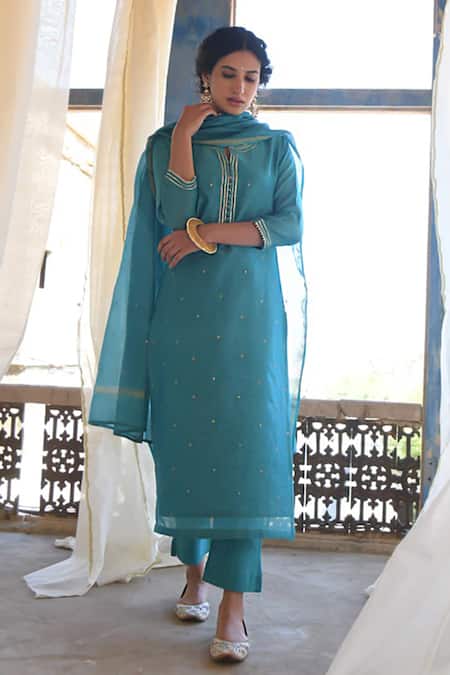 Shop_Karaj Jaipur_Turquoise Cotton, Chanderi, Bemberg Mirrors Round Neck Embroidered Kurta Set _Online_at_Aza_Fashions
