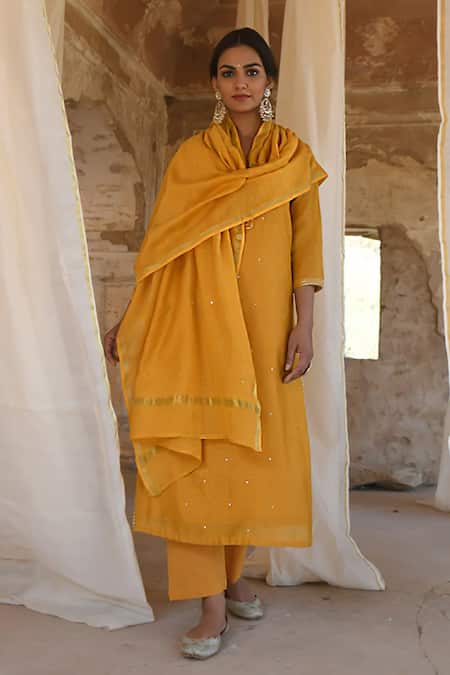 Karaj Jaipur Mustard Chanderi Kurta Set 