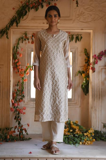 Shop_Karaj Jaipur_Beige Chanderi, Cotton Embroidery Round Neck Meher Kurta Set_Online_at_Aza_Fashions