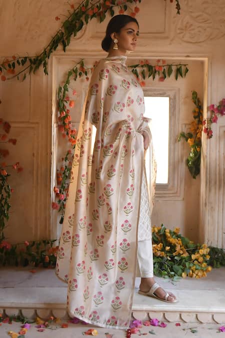 Buy_Karaj Jaipur_Beige Chanderi, Cotton Embroidery Round Neck Meher Kurta Set