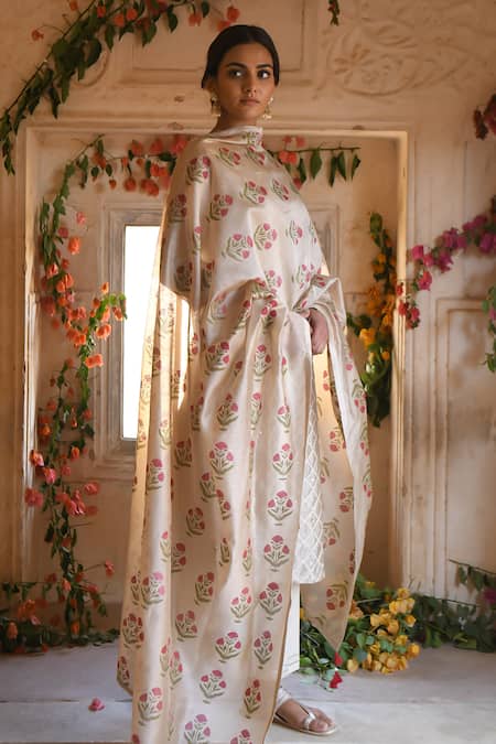 Shop_Karaj Jaipur_Beige Chanderi, Cotton Embroidery Round Neck Meher Kurta Set