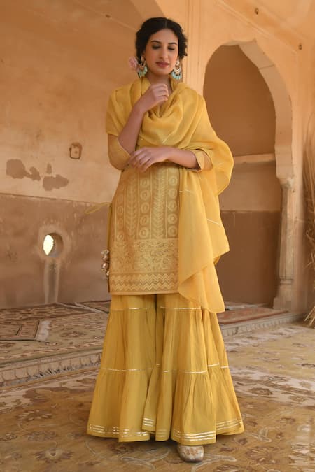 Karaj Jaipur Mustard Yellow Sharara Set 