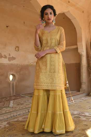 Karaj Jaipur_Mustard Chanderi, Cotton Embroidery Round Neck, Yes Yellow Sharara Set _Online_at_Aza_Fashions