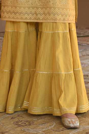 Karaj Jaipur_Mustard Chanderi, Cotton Embroidery Round Neck, Yes Yellow Sharara Set _at_Aza_Fashions