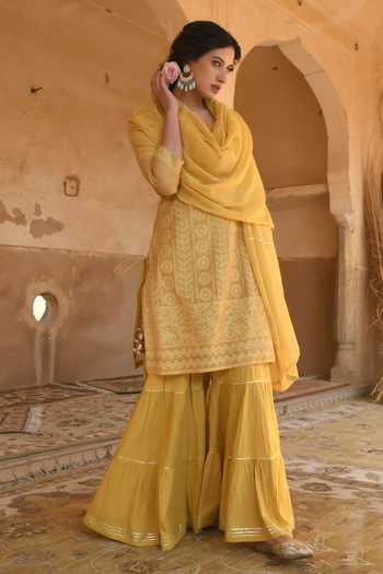 Buy_Karaj Jaipur_Mustard Chanderi, Cotton Embroidery Round Neck, Yes Yellow Sharara Set 
