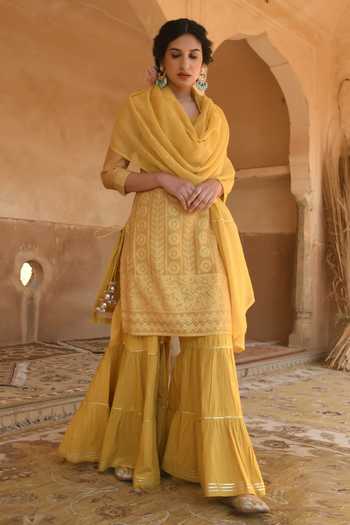 Shop_Karaj Jaipur_Mustard Chanderi, Cotton Embroidery Round Neck, Yes Yellow Sharara Set 