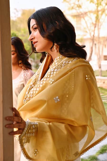 Buy_Karaj Jaipur_Cream Chanderi, Cotton Embroidery, Mirrors Round Neck Kurta Set _Online_at_Aza_Fashions