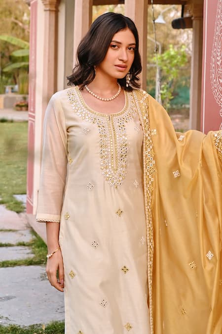 Shop_Karaj Jaipur_Cream Chanderi, Cotton Embroidery, Mirrors Round Neck Kurta Set _Online_at_Aza_Fashions