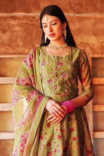 Karaj Jaipur_Pink Cotton, Chanderi Gota Patti Round Neck, Yes Gul Mehendi Green Anarkali Set_Online_at_Aza_Fashions