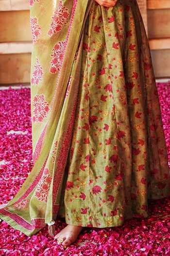 Buy_Karaj Jaipur_Pink Cotton, Chanderi Gota Patti Round Neck, Yes Gul Mehendi Green Anarkali Set_Online_at_Aza_Fashions