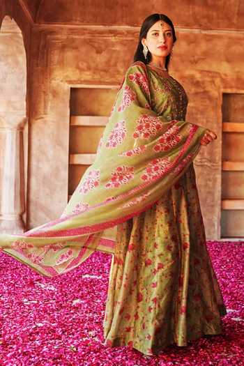 Shop_Karaj Jaipur_Pink Cotton, Chanderi Gota Patti Round Neck, Yes Gul Mehendi Green Anarkali Set_Online_at_Aza_Fashions