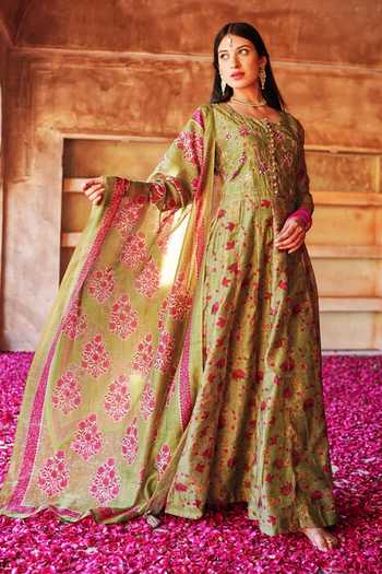 Karaj Jaipur_Pink Cotton, Chanderi Gota Patti Round Neck, Yes Gul Mehendi Green Anarkali Set_at_Aza_Fashions