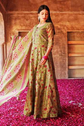 Buy_Karaj Jaipur_Pink Cotton, Chanderi Gota Patti Round Neck, Yes Gul Mehendi Green Anarkali Set